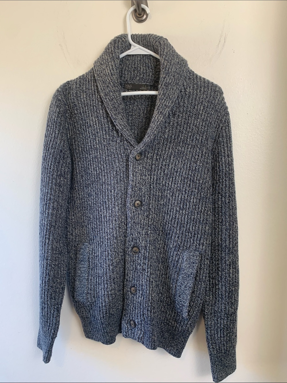 NWOT Shawl Collar Ribbed Button Cardigan Sweater - Gray, Wool Blend,Pockets